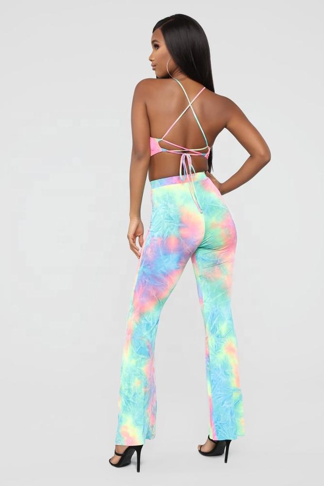 KY Sexy Tie Dye Halter Crop Top Lace-Up Tie Back Flare Pants High