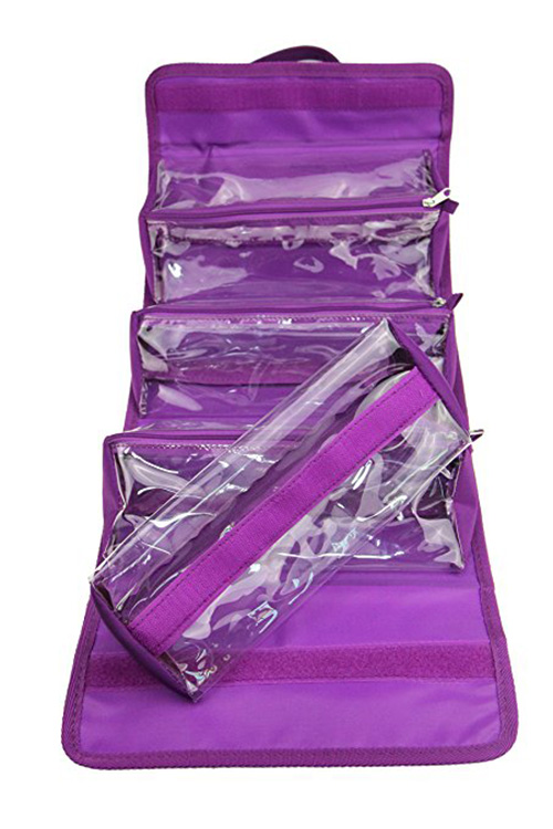 Borsa da toilette da appendere in 4 parti arrotolabile da donna con custodia in PVC staccabile