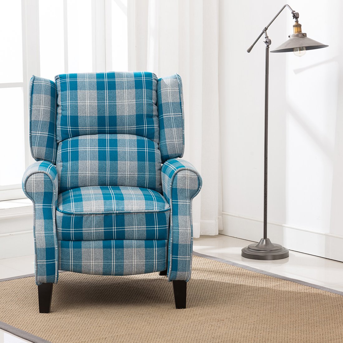 European Style Velvet Fabric Grid Pattern Wooden Legs Dining Design Adjustable Recliner Sofa Armchair