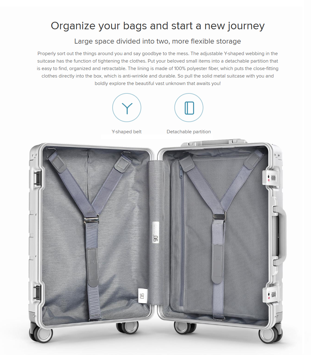 Xiaomi Mi Metal Suitcase Aluminum Alloy 90Fun Metal Luggage Mijia Travel Suitcase 20'' inches Spinner Wheel Lightweight Durable