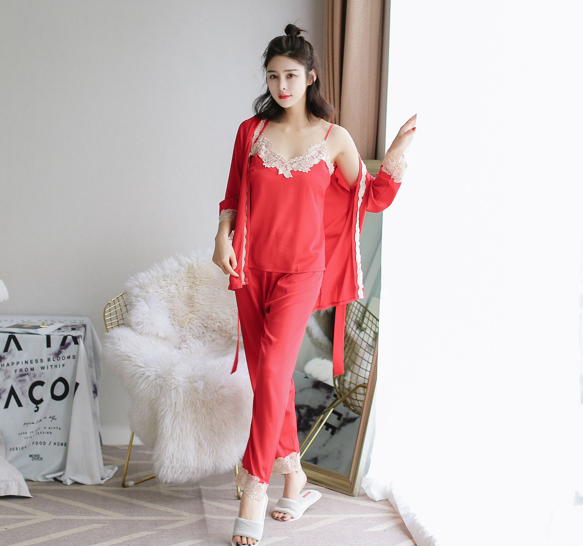 女式性感睡衣女士柔软真丝绸缎睡衣套装蕾丝吊带背心3件套装上衣长款