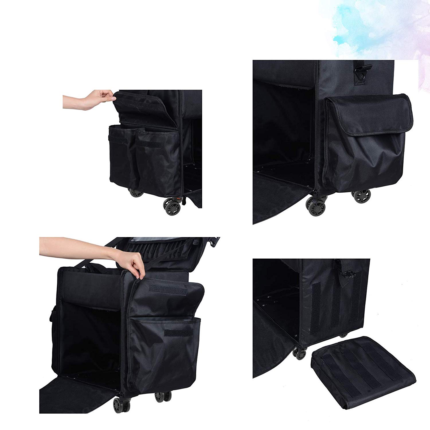 Rolling Makeup Bag Trolley 2 in 1 Travel Cosmetic Train Cases on Wheels Nylon Black Bags for Professional Make Up Artist Storage