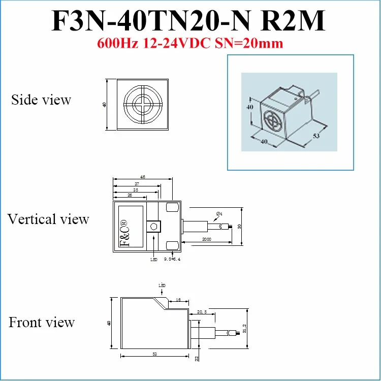 F3N-40TN20-N detector horizontal Interruptor de sensor de proximidad inductivo de metal de 20 mm IP67 a prueba de agua