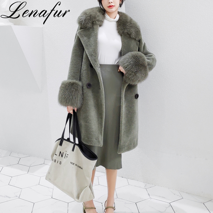 Winter Beige Cream Green Brown Soft Sheep Shearling Jacket Overcoat,Fox Fur Collar Mongolian Lamb Shearling Coat For Women