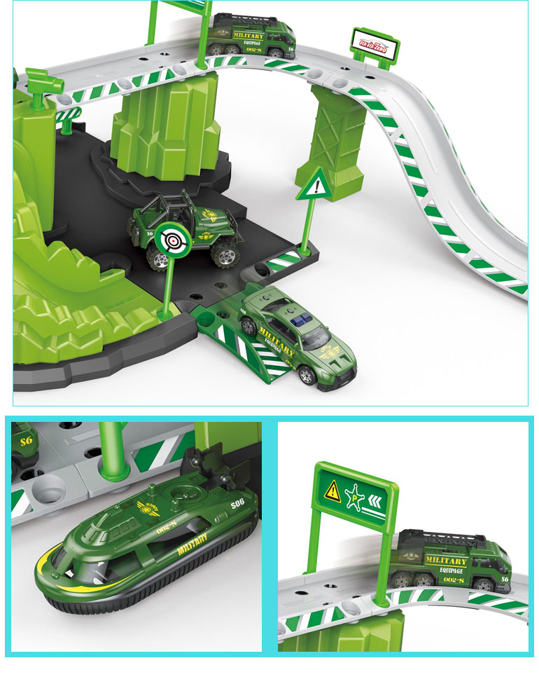 kids play diecast military base car toy parking garage with aircraft