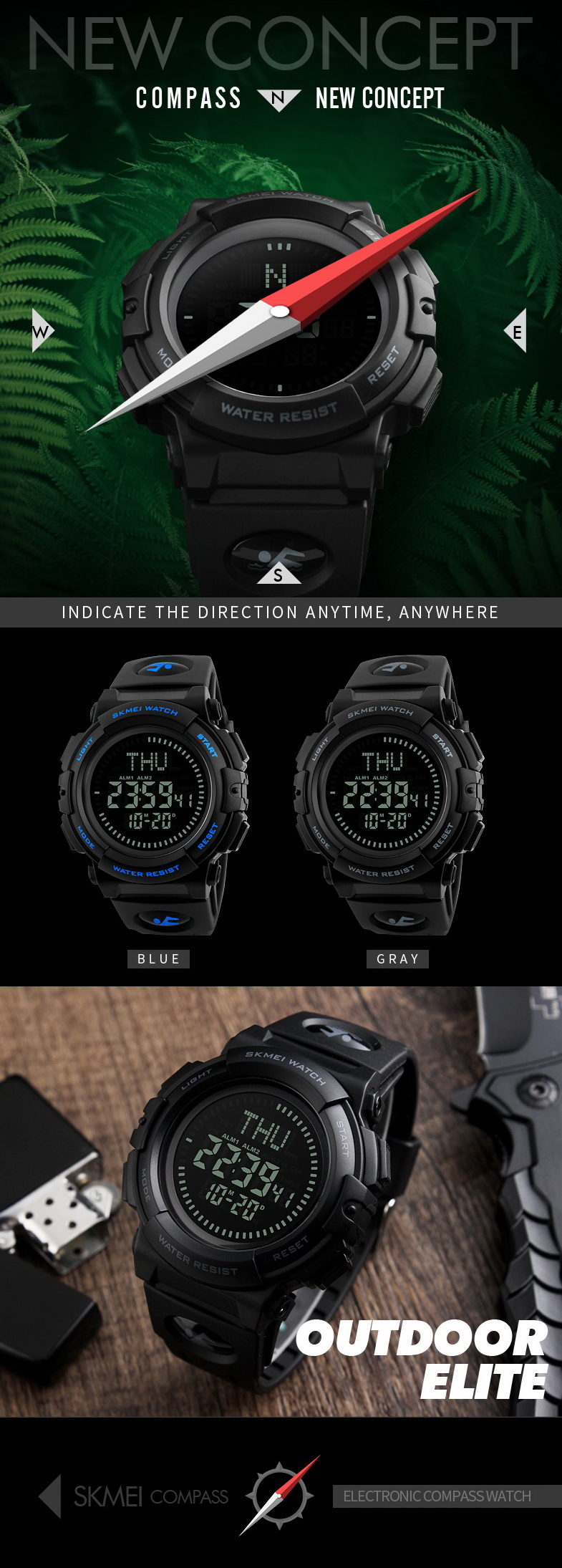 Stylish military compass watches SKMEI 1290 sport smart fitness tracker watch