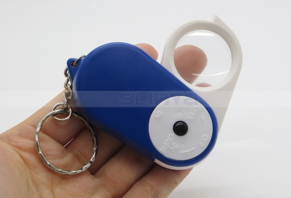 Blue White Shell Illuminant LED Light 15X Magnifying Glass with Keychain