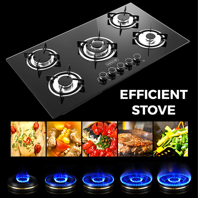 91.5cm 5 gas burner tempered glass panel auto ignition gas stove