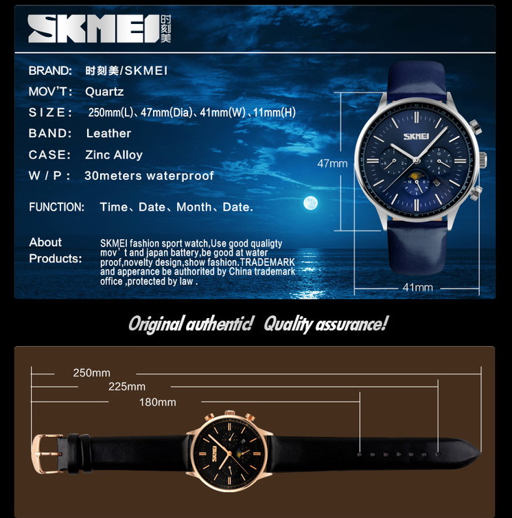 Unique luxury blue dial skmei 9117 relojes moon phase quartz watch
