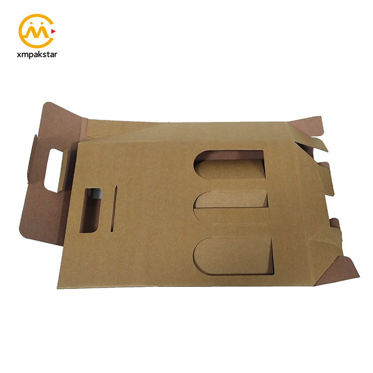Eco friendly cardboard portable Kraft carton 3 bottle carrying wine packaging box with handle