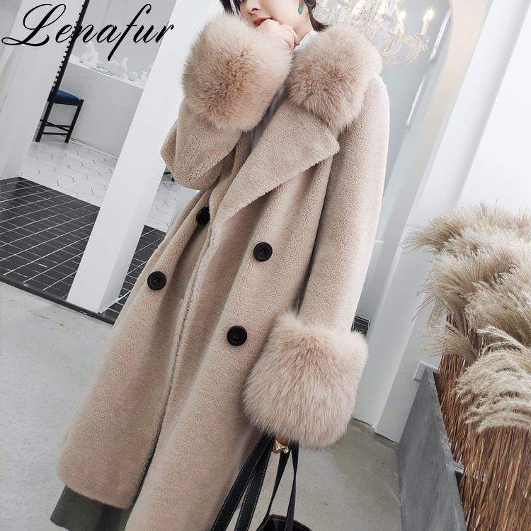 Winter Beige Cream Green Brown Soft Sheep Shearling Jacket Overcoat,Fox Fur Collar Mongolian Lamb Shearling Coat For Women
