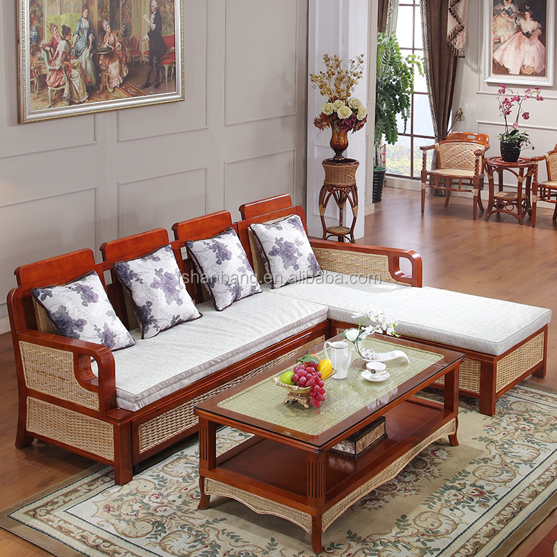 Cane Wood Folding Sofa Cum Bed with Table Set for Living Room