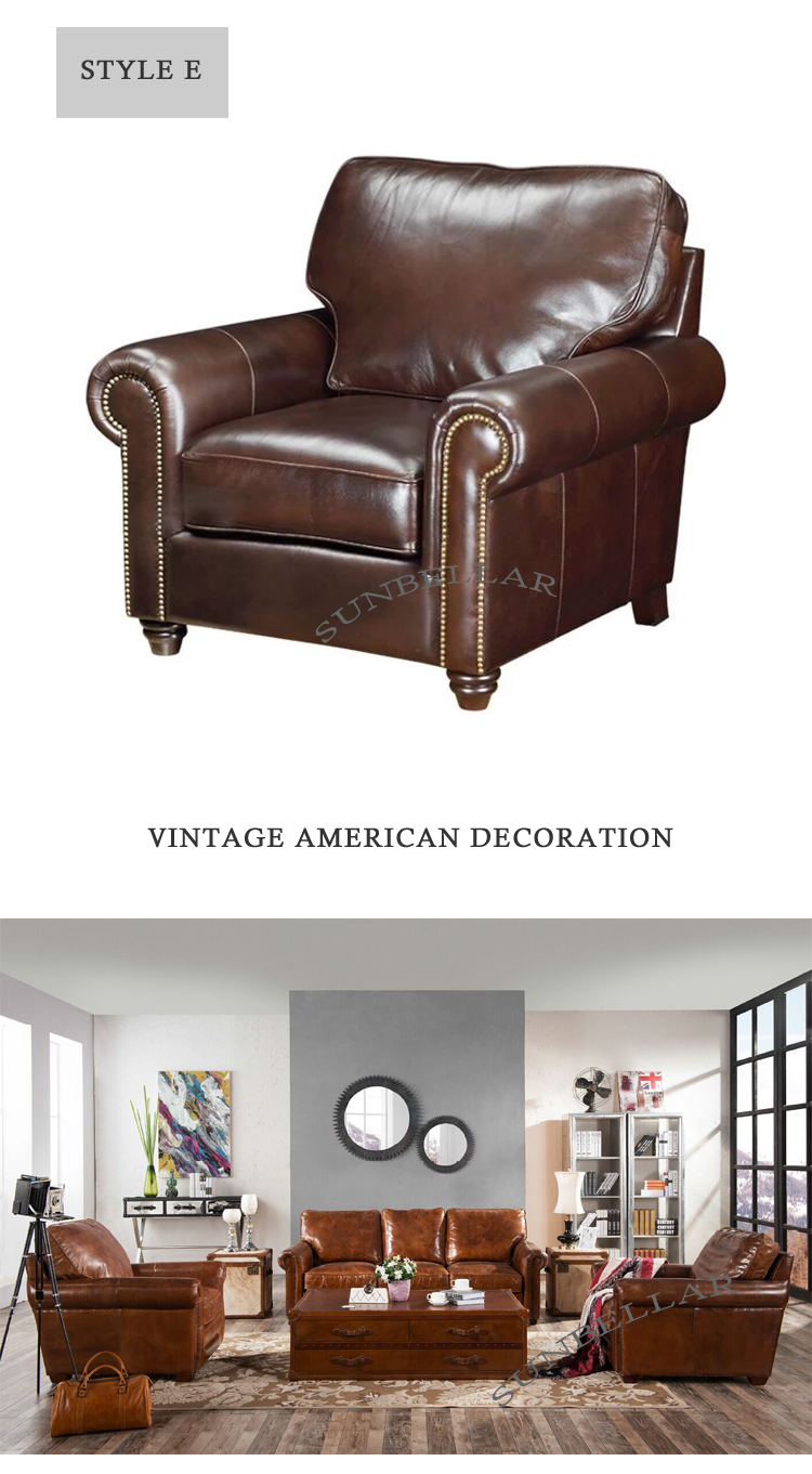 luxury home furniture America vintage tan leather sofa roll arm single seat armchair antique genuine leather sofa