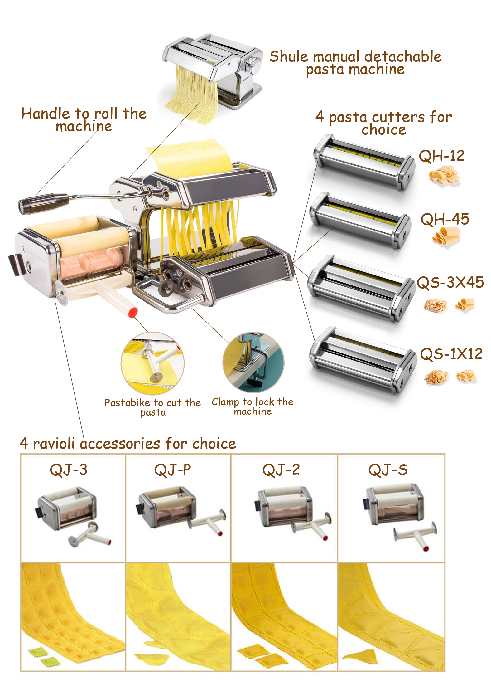 SHULE hot sale stainless steel pasta set with spaghetti machine and dumpling machine