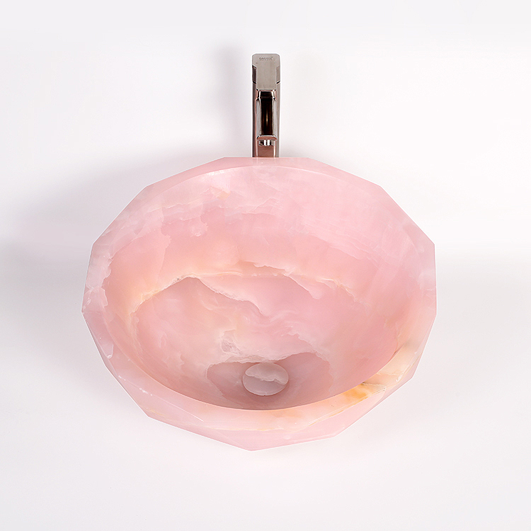 Customized Luxury Pink Onyx Marble Diamond Design Bathroom Wash Basin