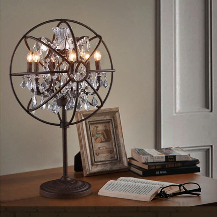 Elegant Retro rust iron table lamp and crystal table lamp for coffee shop restaurant clothing shop