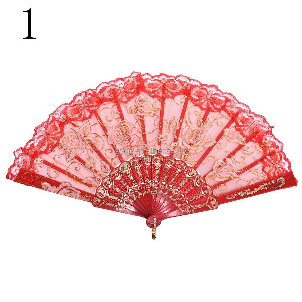蕾丝面料金玫瑰中国竹折叠丝绸手扇