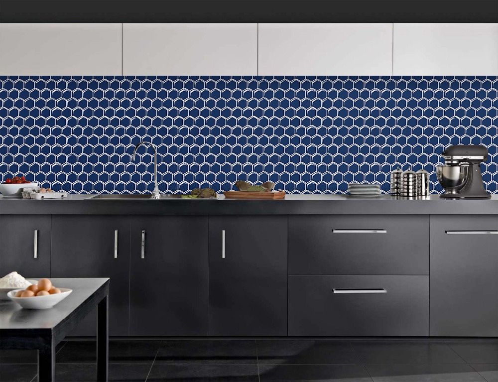 3D Honeycomb wall tile stickers for office decor in navy blue