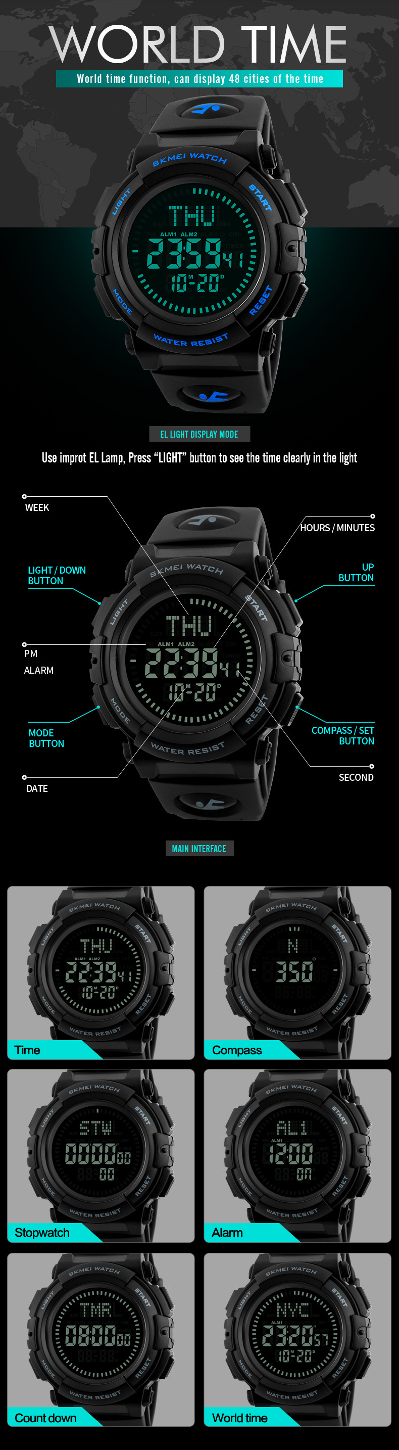 Stylish military compass watches SKMEI 1290 sport smart fitness tracker watch