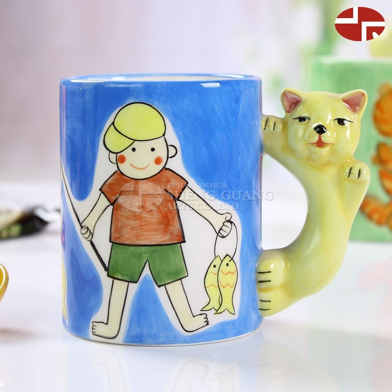 陶瓷画卡通白云石水杯儿童礼品陶瓷儿童马克杯猫尾手柄陶瓷杯带唇勺