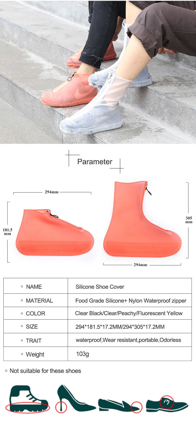 Sapato de borracha de silicone látex de segurança cobre galochas com zíper para dias chuvosos