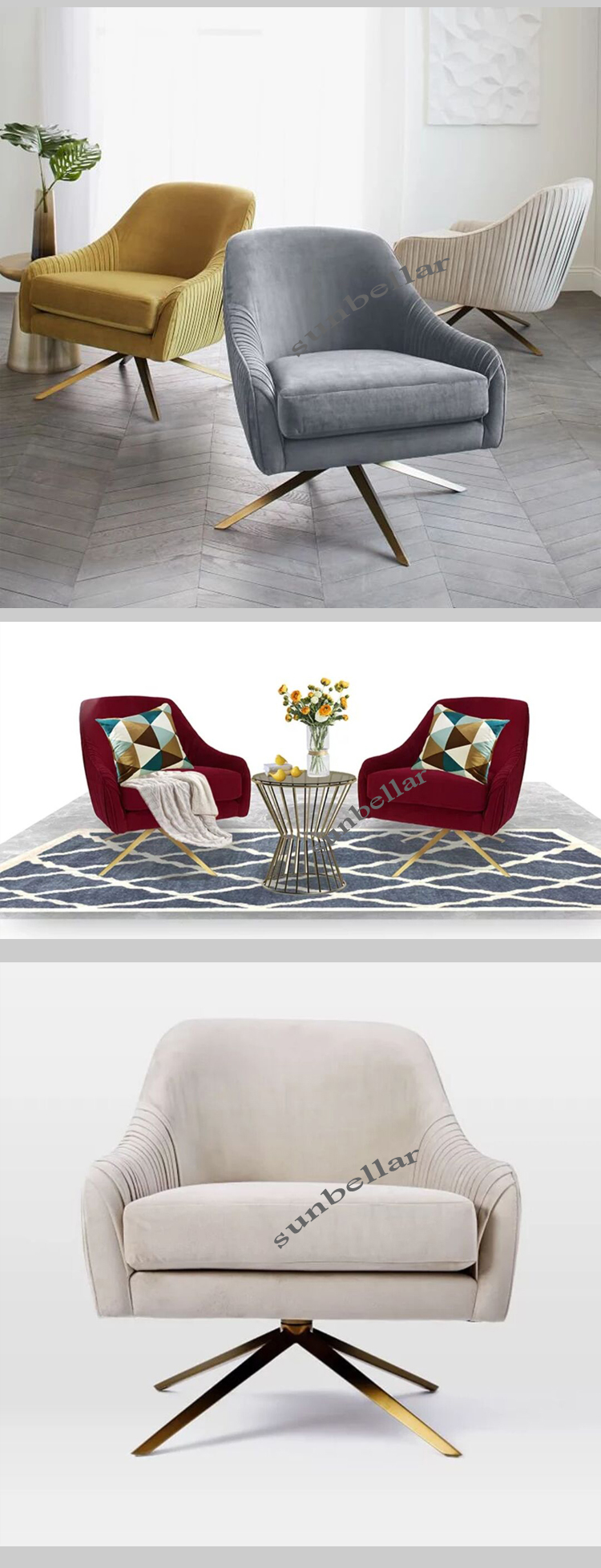 living room furniture velvet chair gold stainless steel foot swivel hotel chair luxury fabric chair