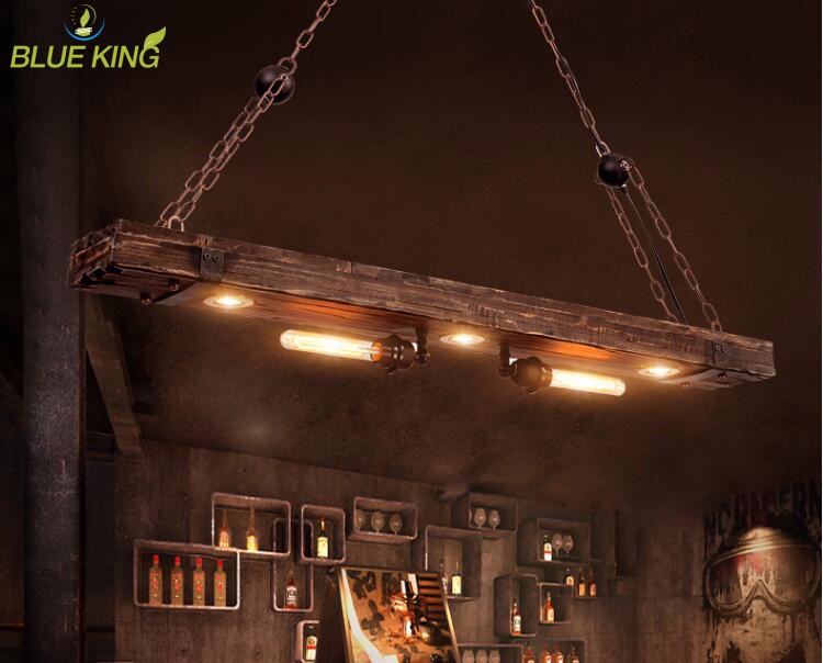 loft Vintage retro wooden led hanging lampbar hotel mall living room fixture long square ceiling chandelier pendant lights