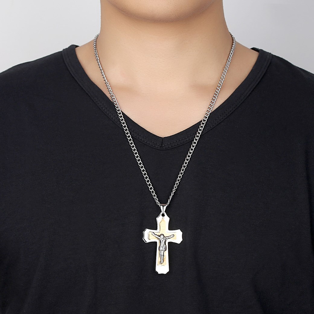 Collana Croce Di Gesù JewelryWe - Acciaio Inox, Catena 75cm Rolò, Argento/Oro, Con Perla