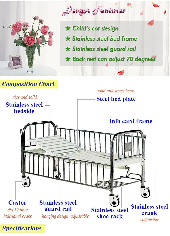 On wheels stainless steel metal frame manual adjustable children hospital bed with shoe rack