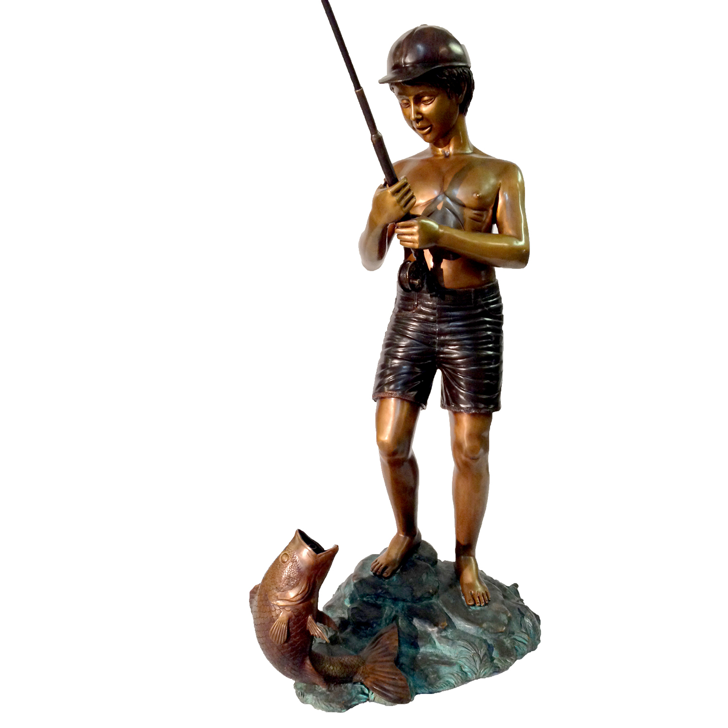 bronze boy with fishing pole Water Feature Fountain Statue Traditional style Fishing Boy with Pole on