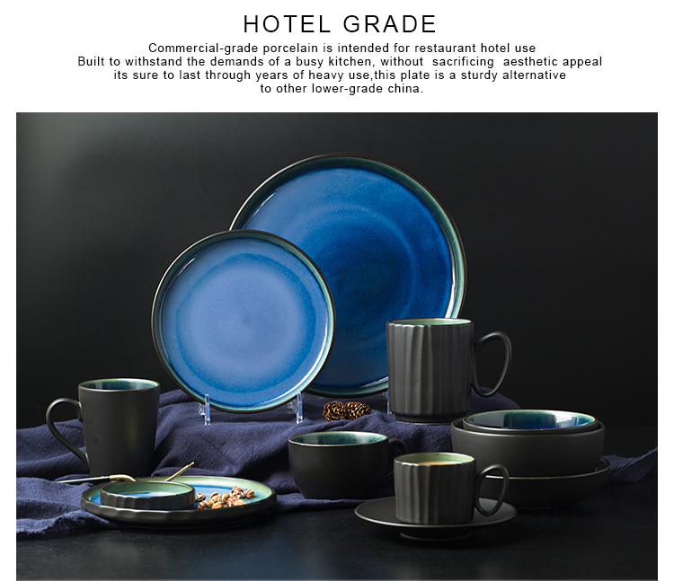 Hotel Ceramic Glossy And Matte Blue Black 700ml Porcelain Soup Bowl