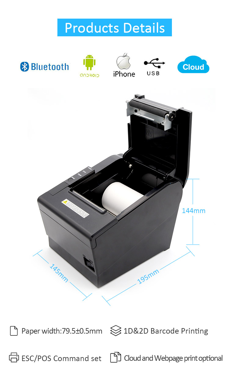 80mm Auto-cutter bluetooth thermal 3inch receipt printer Pos wifi printer