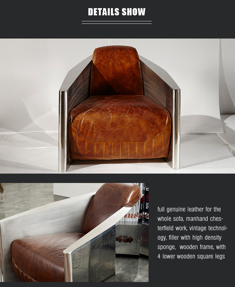 luxury vintage genuine leather stainless steel armchair recliner sofa America living room lounge chair leather clubs chair