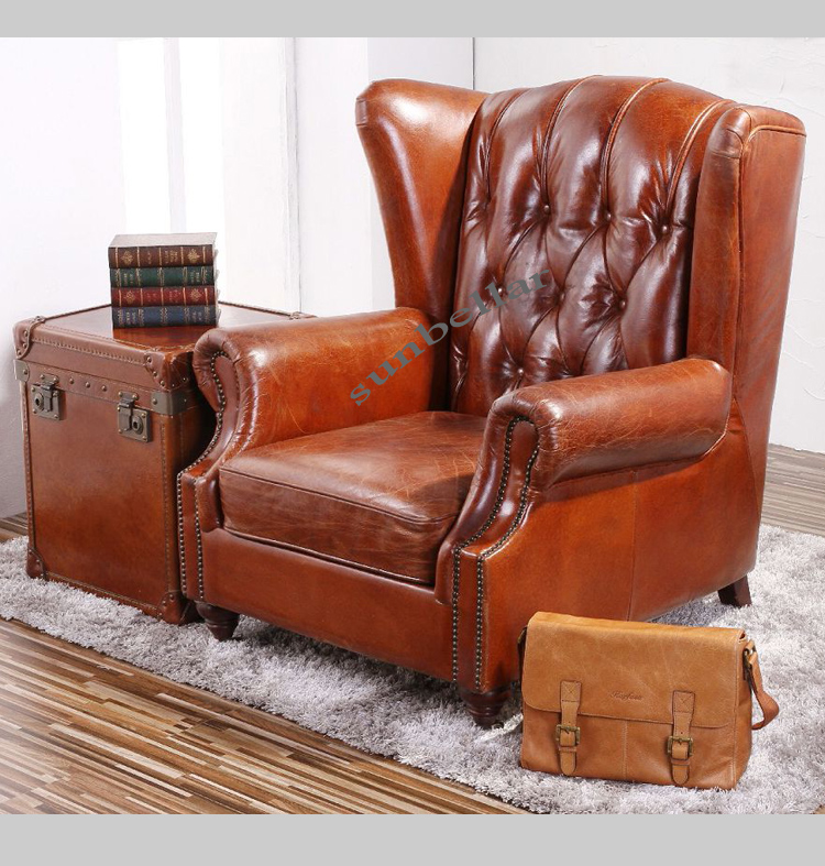 luxury American village vintage genuine leather wing back chair tufted buttons chesterfield rolled arm high back sofa chair