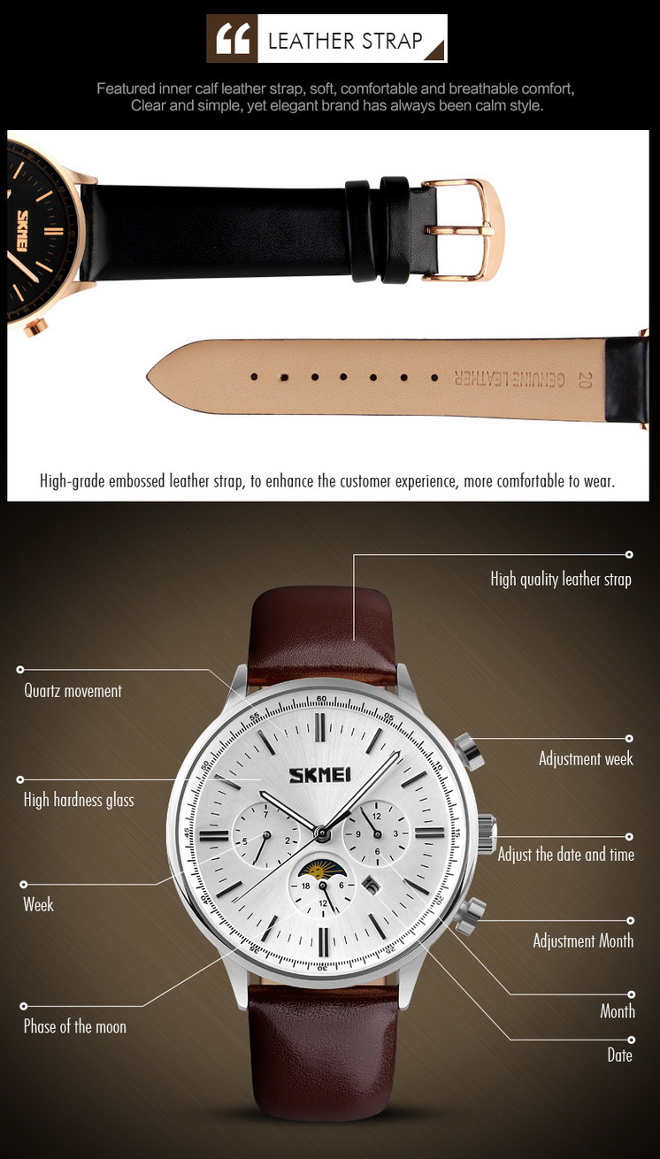 Unique luxury blue dial skmei 9117 relojes moon phase quartz watch