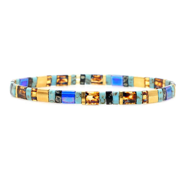 Sonateomber Braccialetto Elastico Con Perline Piatte Tila - Gioiello Fatto A Mano Con Perline Miyuki, Colore Oro E Beige, Regalo Estivo Donna