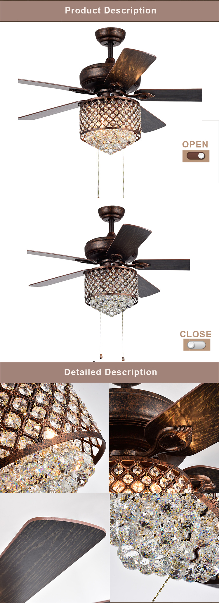 ac wood crystal ceiling light remote control decorative ceiling fan with light led lamp