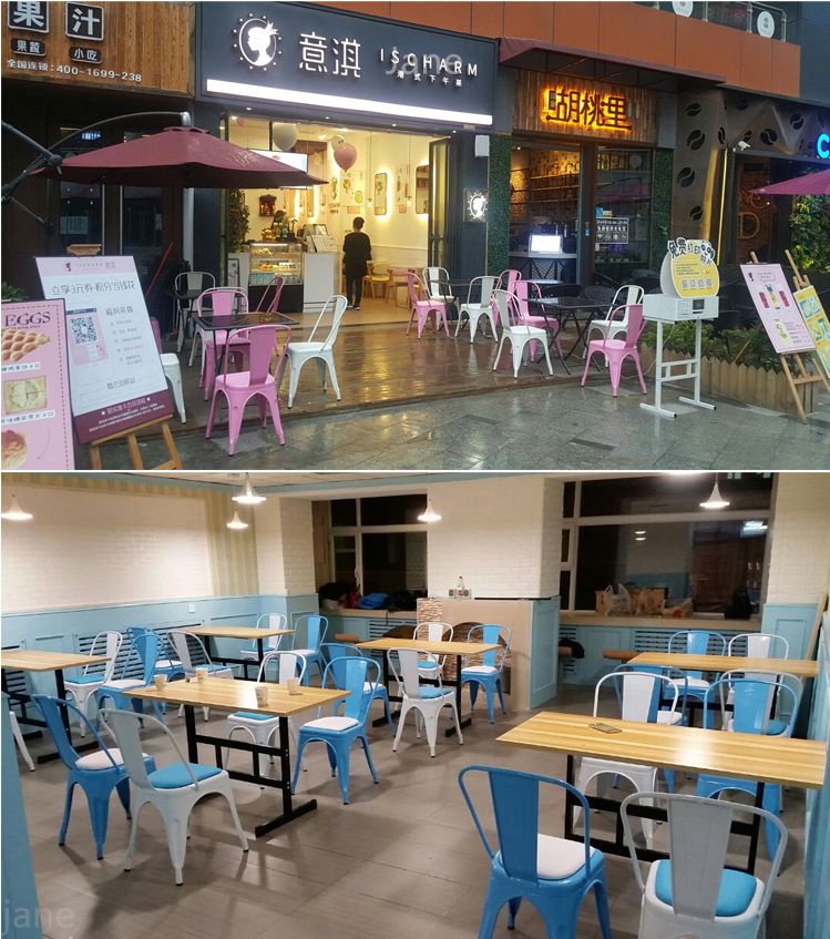 Beautiful stackable steel iron chair hot sale wood seat restaurant stackable chair