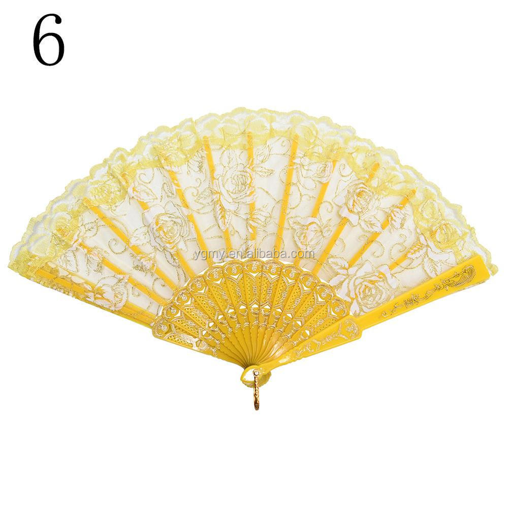 蕾丝面料金玫瑰中国竹折叠丝绸手扇