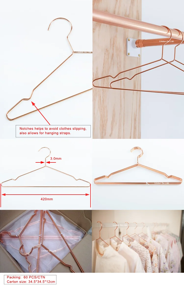 LINDON Adult Polished Non Slip Notches Metal Wire Rose Gold Suit Coat Clothes Hangers