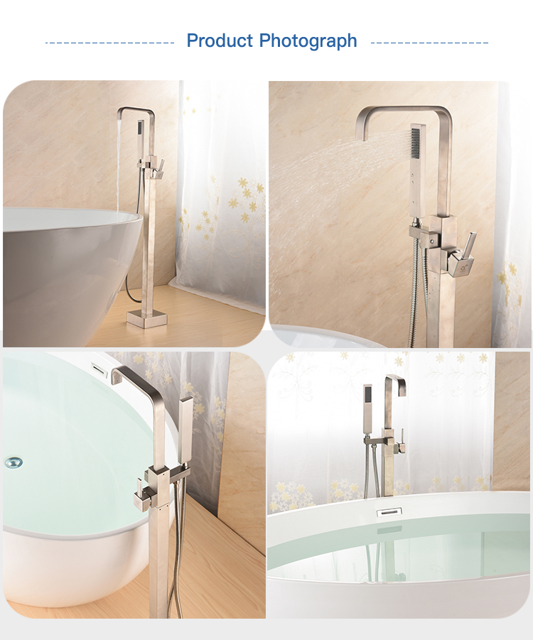 UK Bathroom Brushed Nickel Floor Mount Free Standing Bathtub Tap Faucet Shower System Set