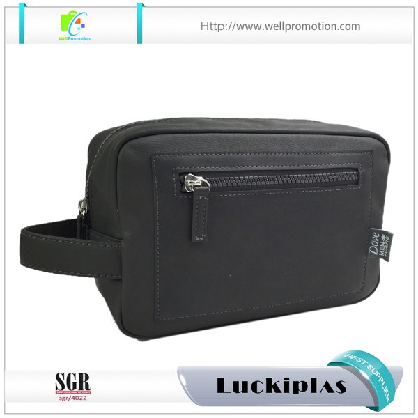 Bolsa de maquillaje cosmético de viaje para hombre de cuero negro con logotipo personalizado