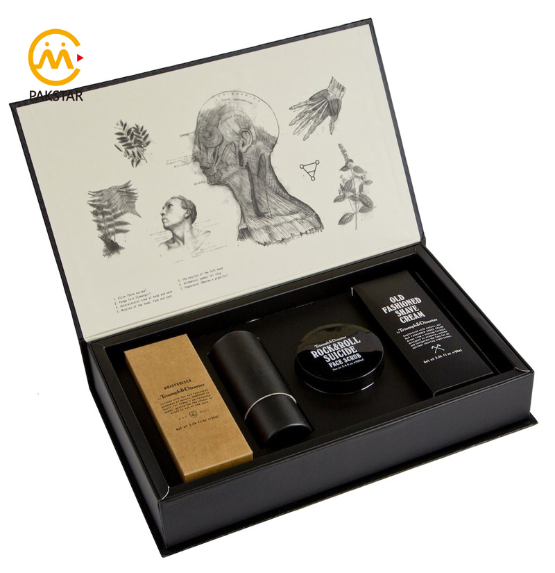 High end custom printed black cardboard paper cosmetic gift set packaging box with foam insert