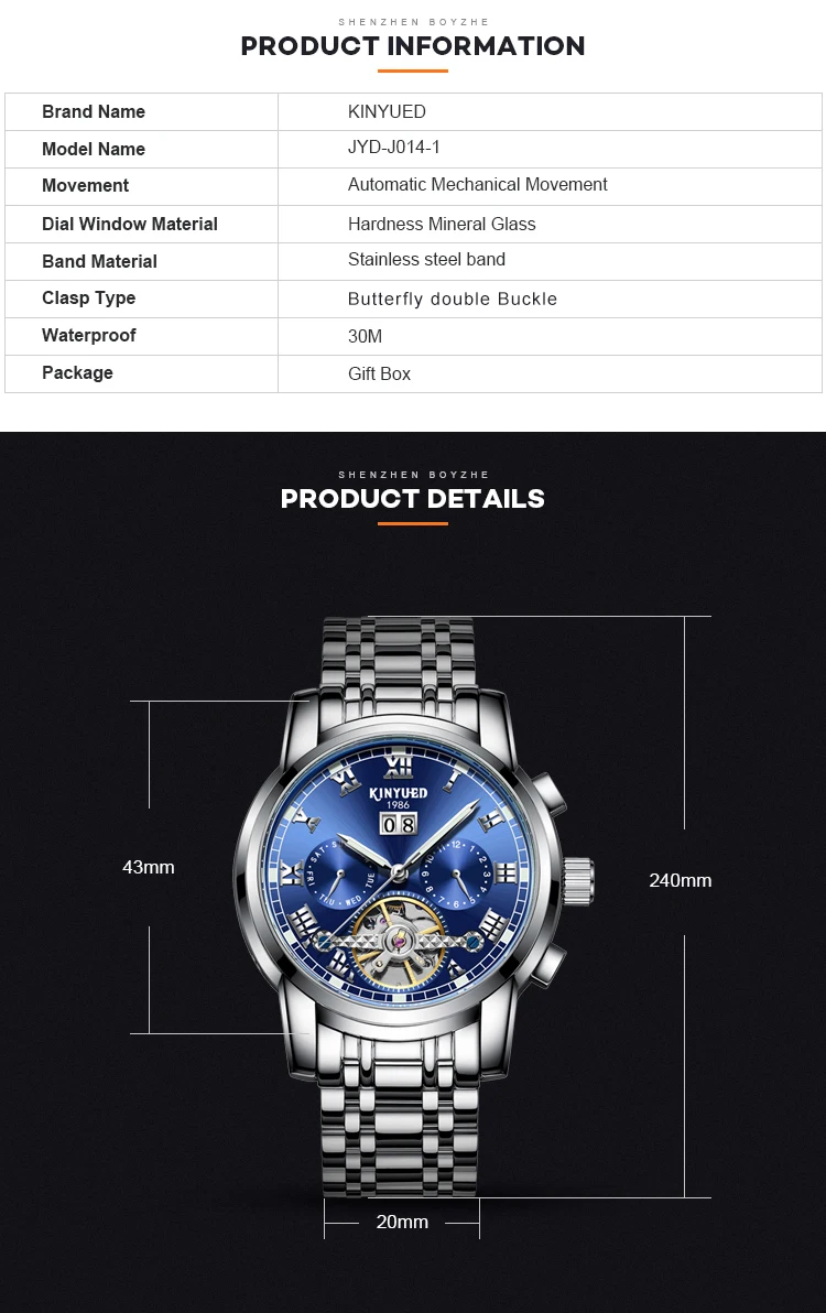KINYUED Factory Brand Mechanical Watch Manufacturer Customized Custom LOGO Fashionable Men's Stainless Steel Mechanical Watch