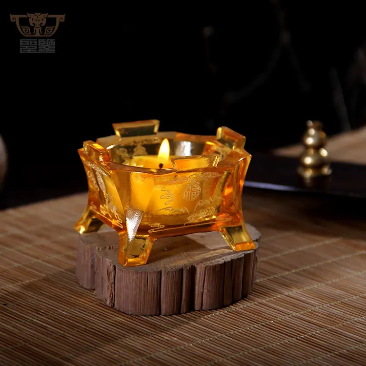 Full Blessing Crystal Glass Liuli Craft Religious Worship Candleholder Colored Glaze Buddhism Votive