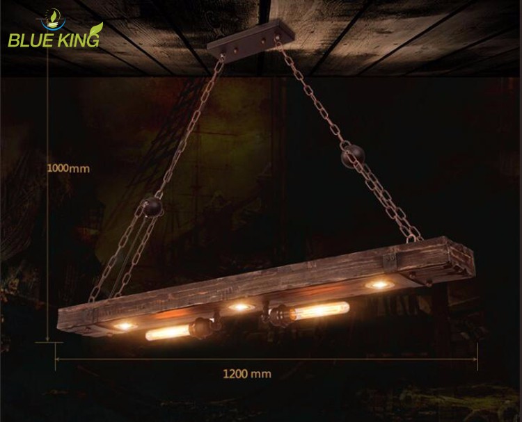 loft Vintage retro wooden led hanging lampbar hotel mall living room fixture long square ceiling chandelier pendant lights