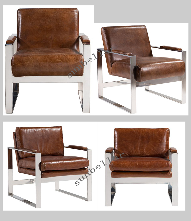 Foshan Furniture factory stainless steel metal vintage genuine leather armchair home office waiting chair multi purpose use