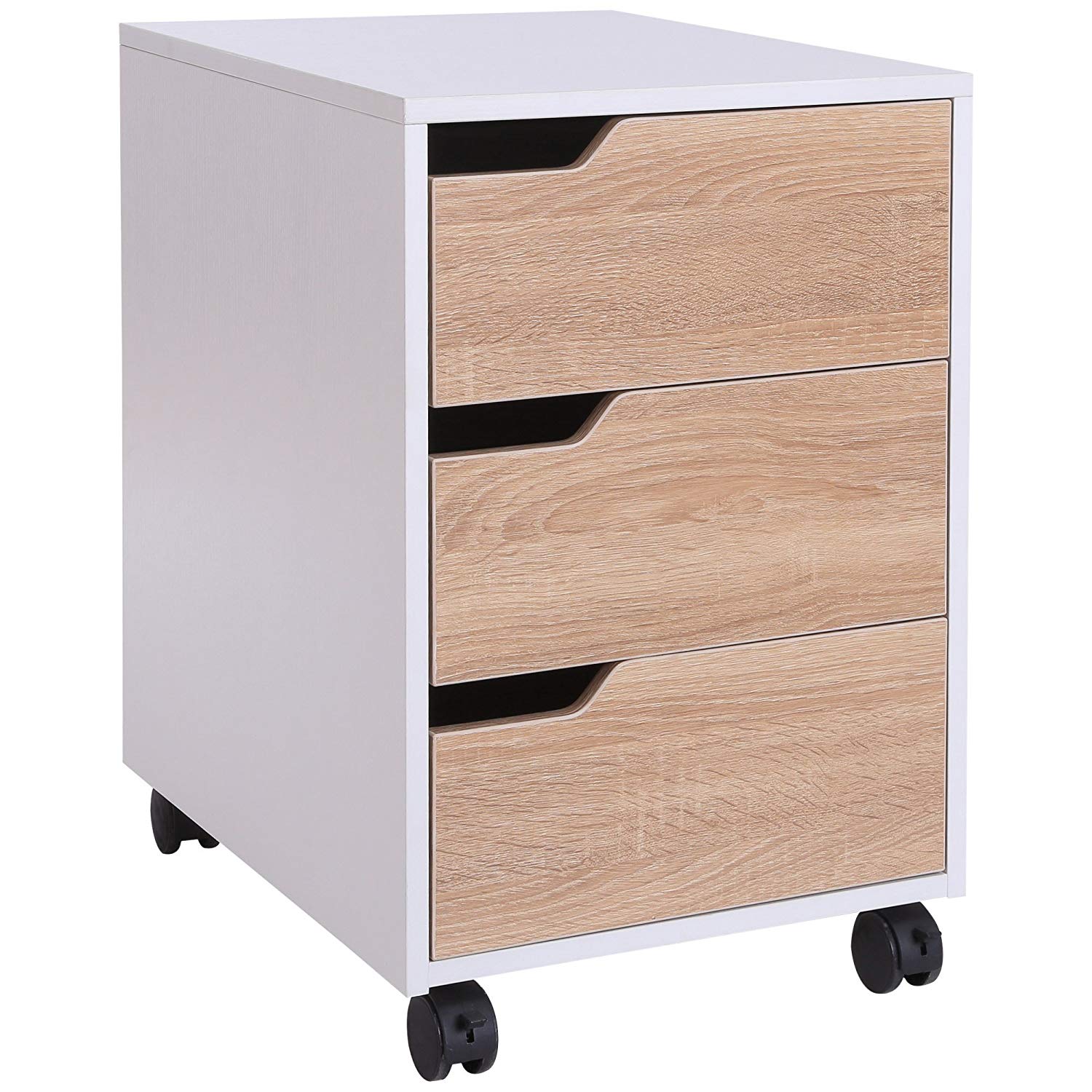 MDF Mobile File Cabinet Pedestal with 3 Drawers Lockable Casters Oak and White
