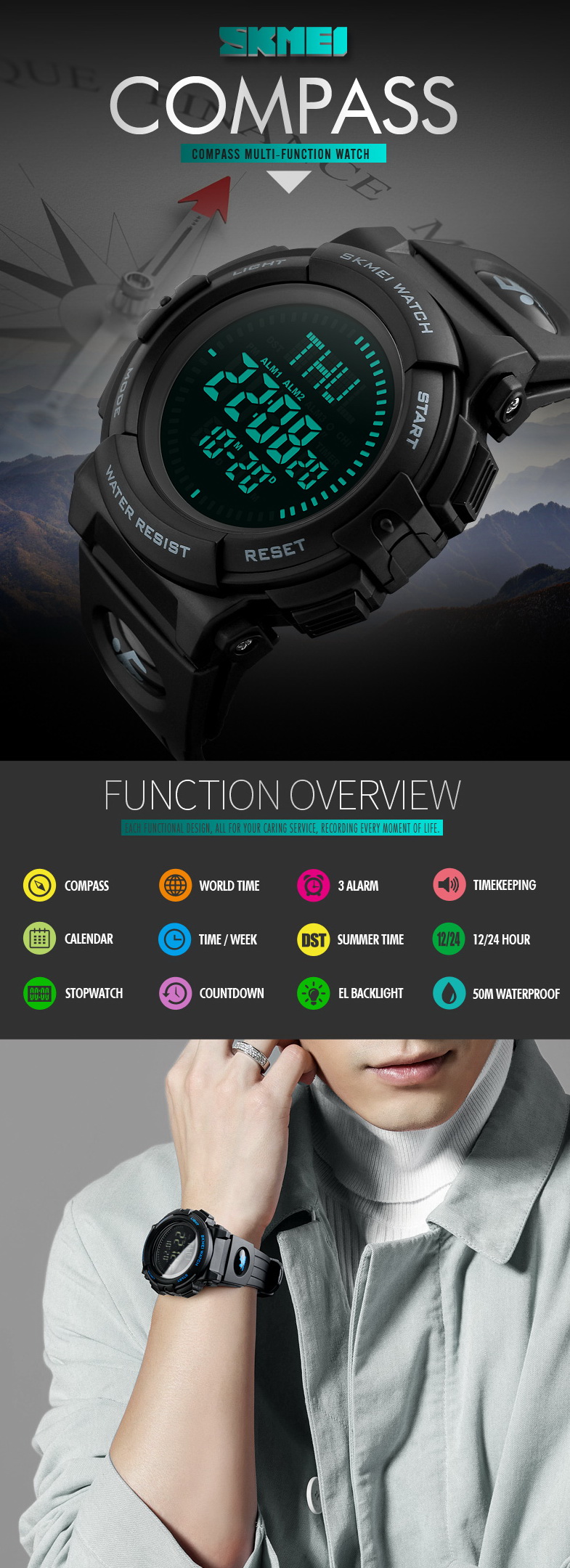 Stylish military compass watches SKMEI 1290 sport smart fitness tracker watch