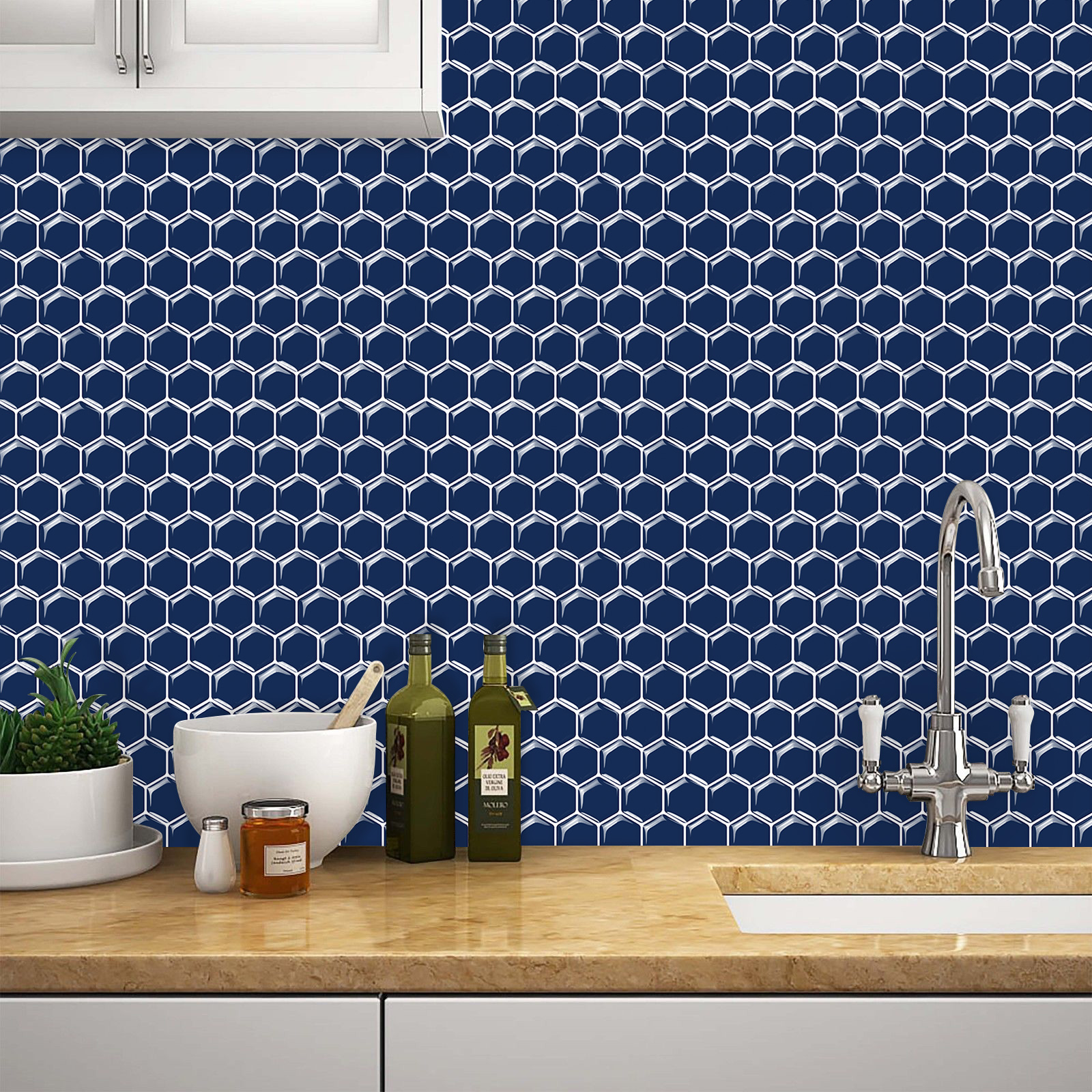 3D Honeycomb wall tile stickers for office decor in navy blue